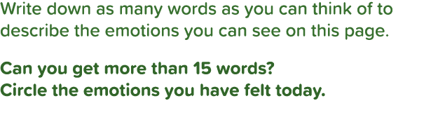 Write down as many words as you can think of to describe the emotions you can see on this page  Can you get more than   