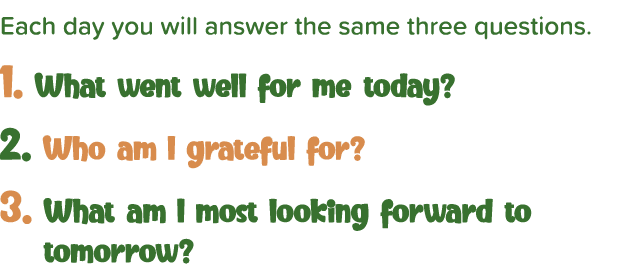 Each day you will answer the same three questions  1  What went well for me today  2  Who am I grateful for  3   What   