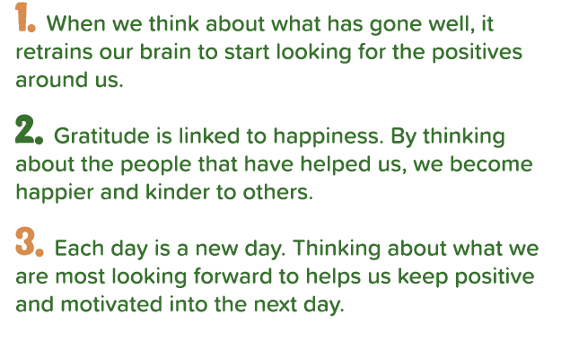 1  When we think about what has gone well, it retrains our brain to start looking for the positives around us  2  Gra   